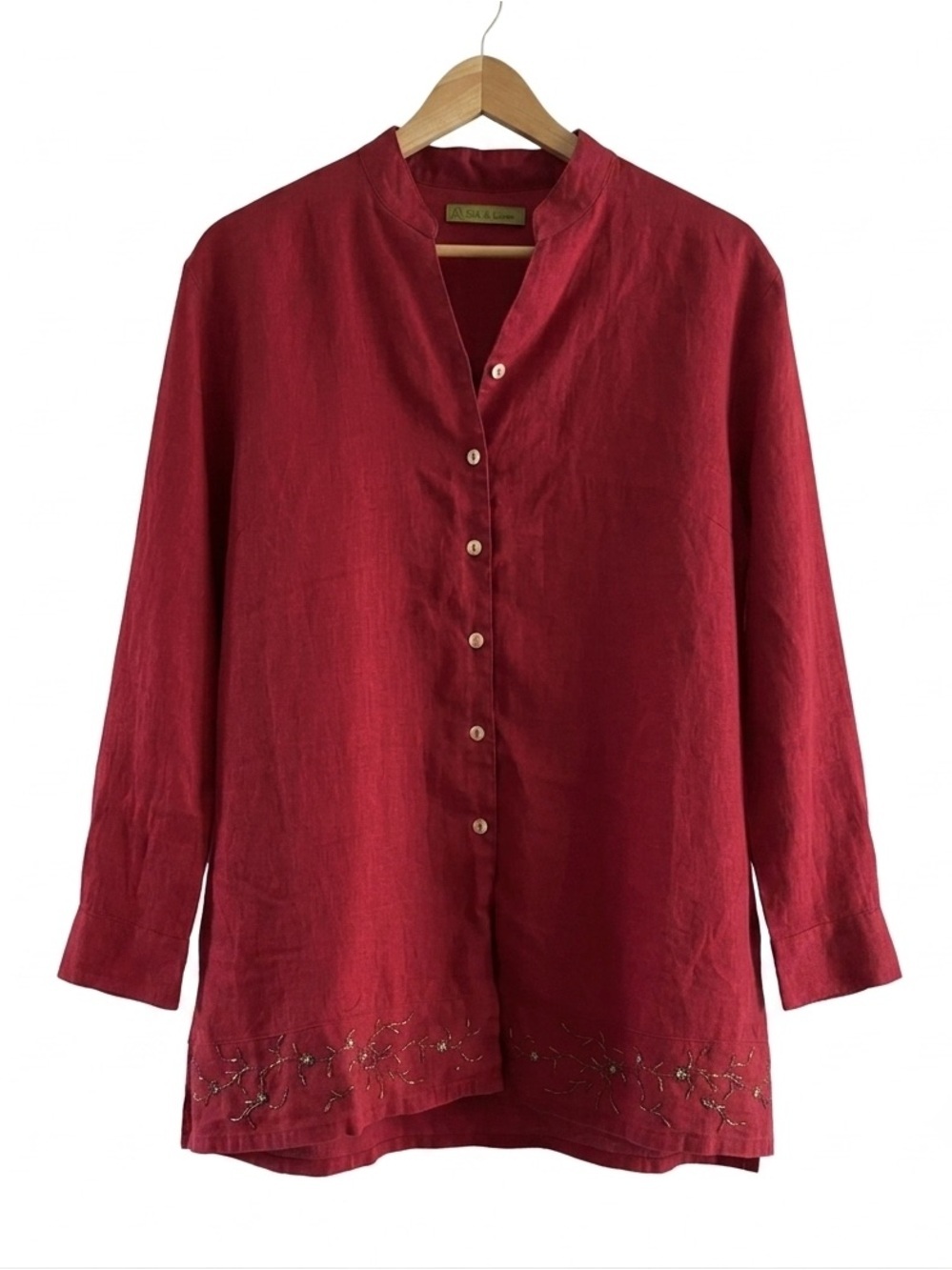 Woodspan Crimson Red Embroidered Linen Tunic - XXL